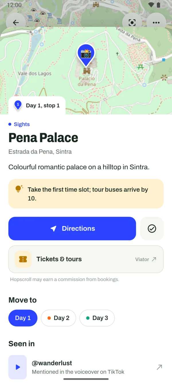 The Pena Palace place card with a tip, directions and a Tickets and tours link to Viator
